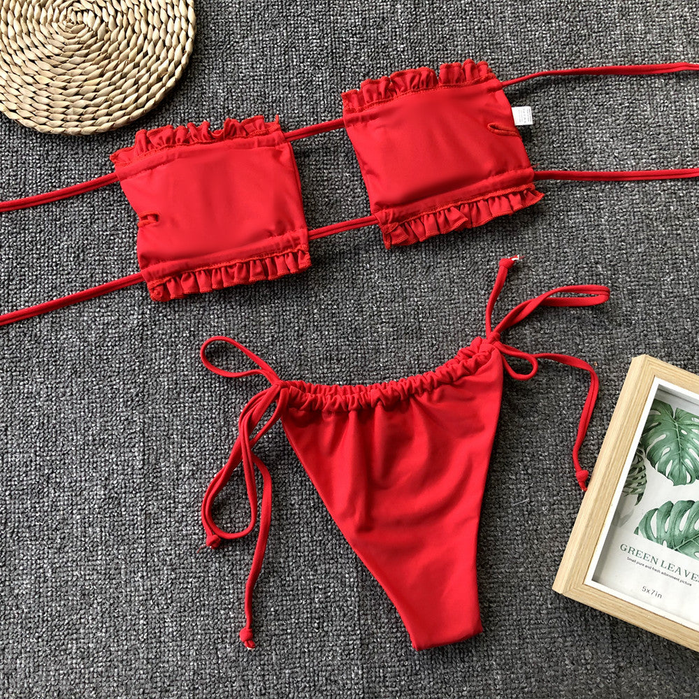 Yellow Ruched Bikini Set with Flirty Frill Trim and Tie Sides - Image 24