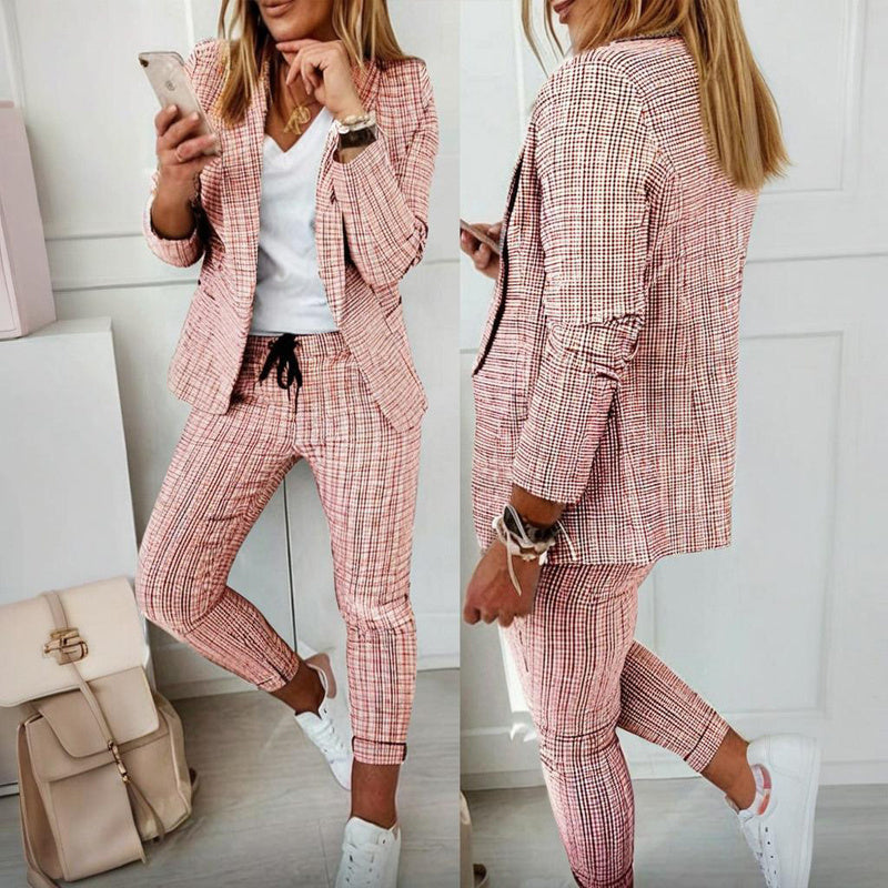 Women's Plaid Two-Piece Suit Set with Blazer and Drawstring Pants