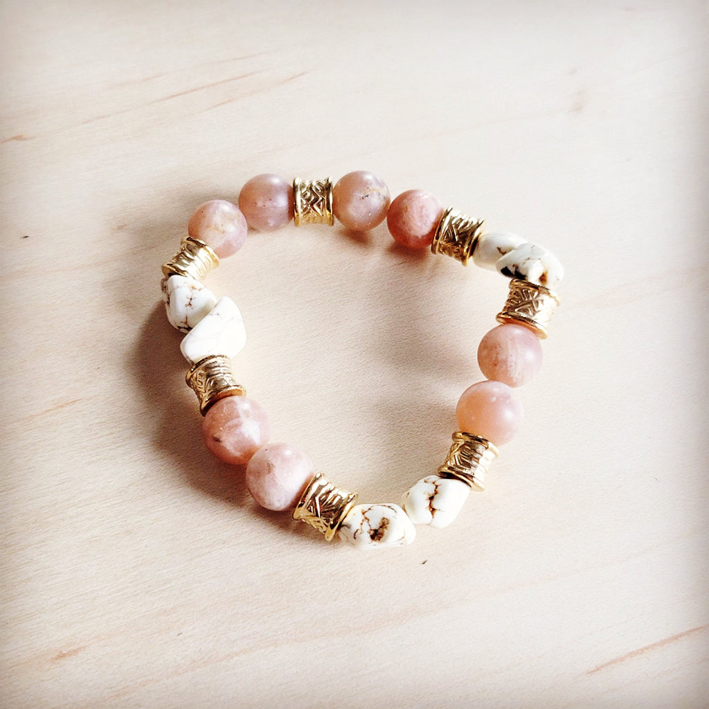 Frosted Sunstone and White Turquoise Beaded Stretch Bracelet - Image 5
