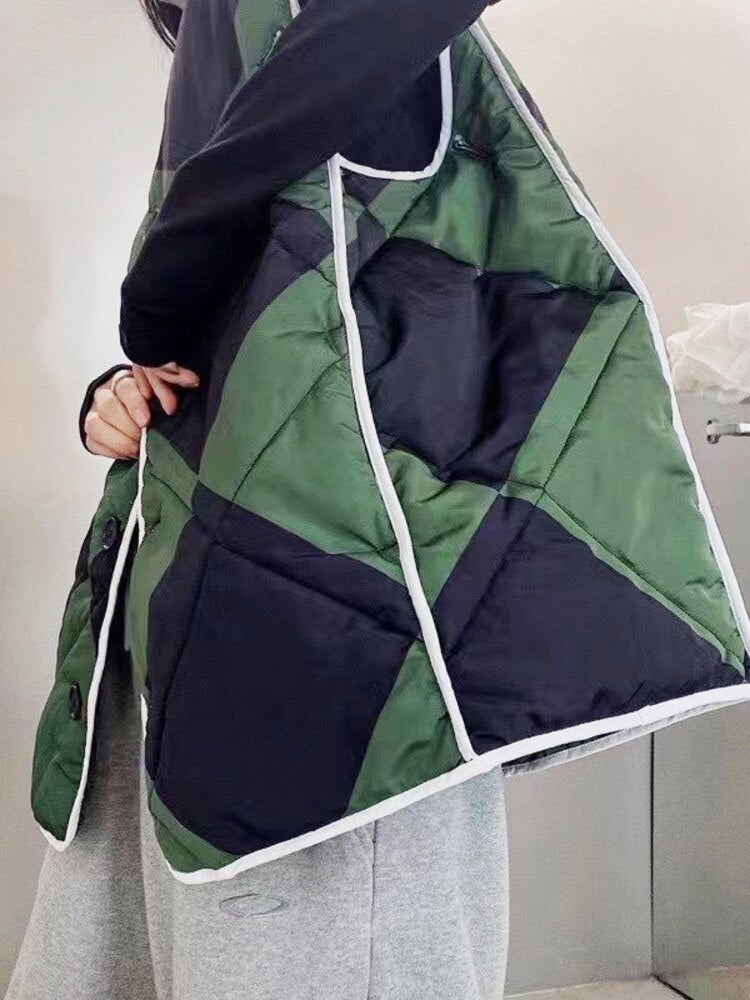 Women's Harajuku Green & Black Quilted Cotton-Padded Coat - Image 4