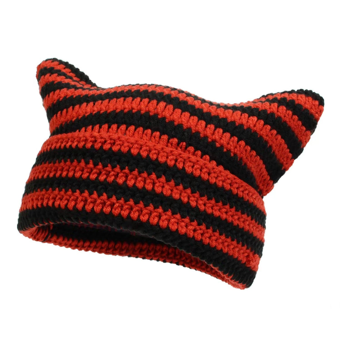 Women's Hand Knitted Striped Cat Beanie Hat
