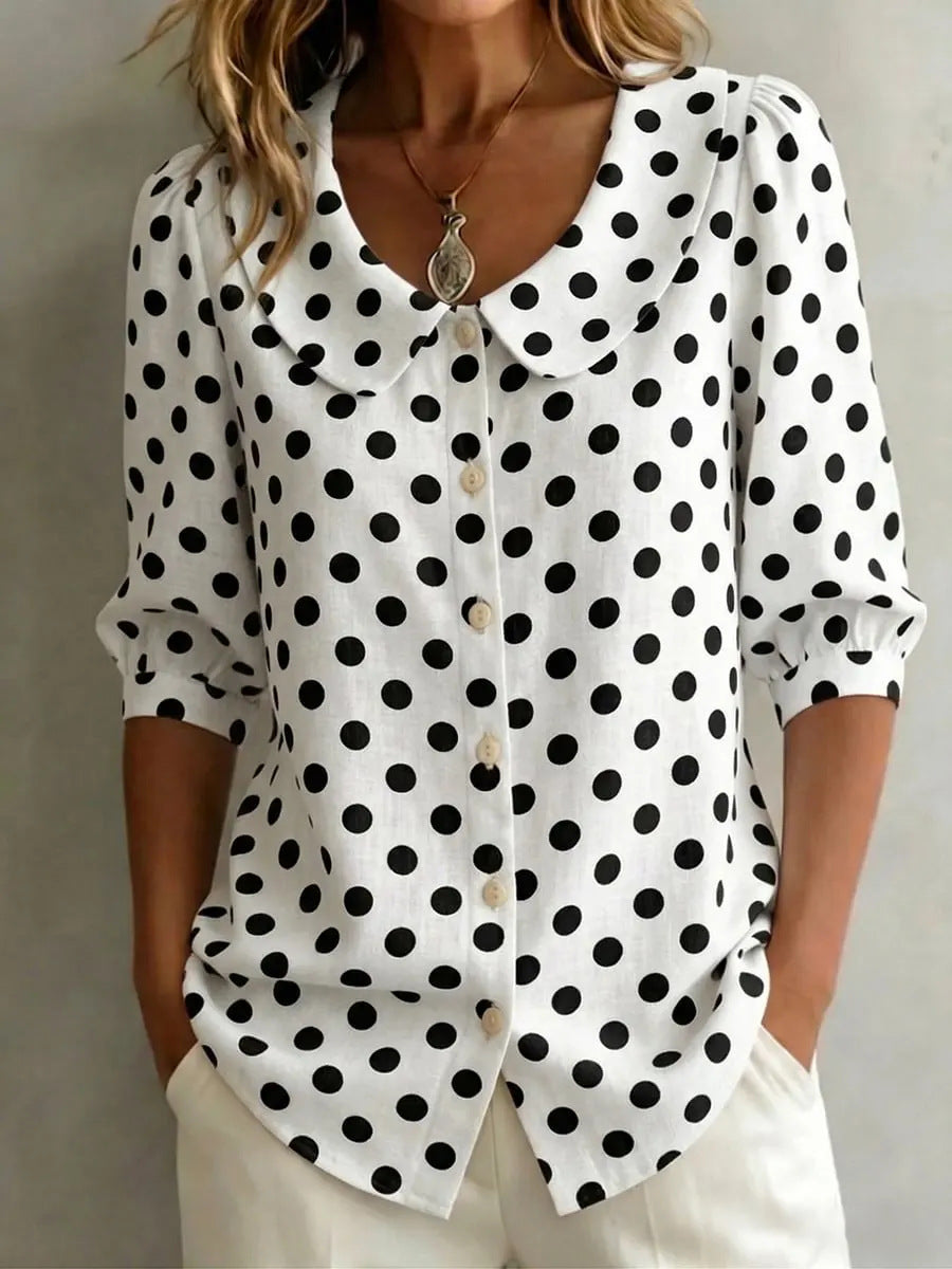 Women's Red Retro Polka Dot Three-Quarter Sleeve Button Down Shirt - Image 8