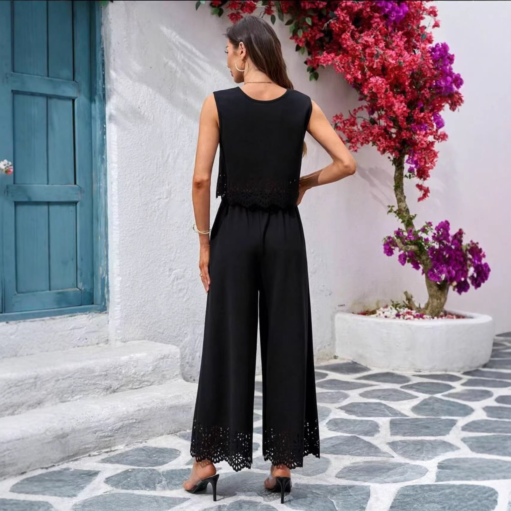 Women's 2-Piece Hollow-Out Tank Top and Wide-Leg Pants Set