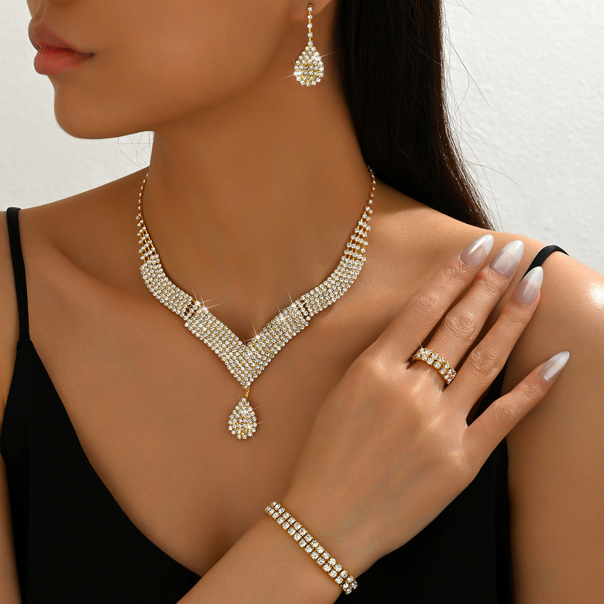 Luxury Chain European And American Wedding Jewelry Jewelry Set Bridal Wedding Supplies Necklace Earrings Bracelet Ring Head