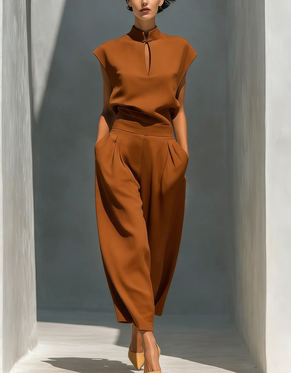 Women's Beige Mandarin Collar Short-Sleeve Top and Pants Set - Image 6