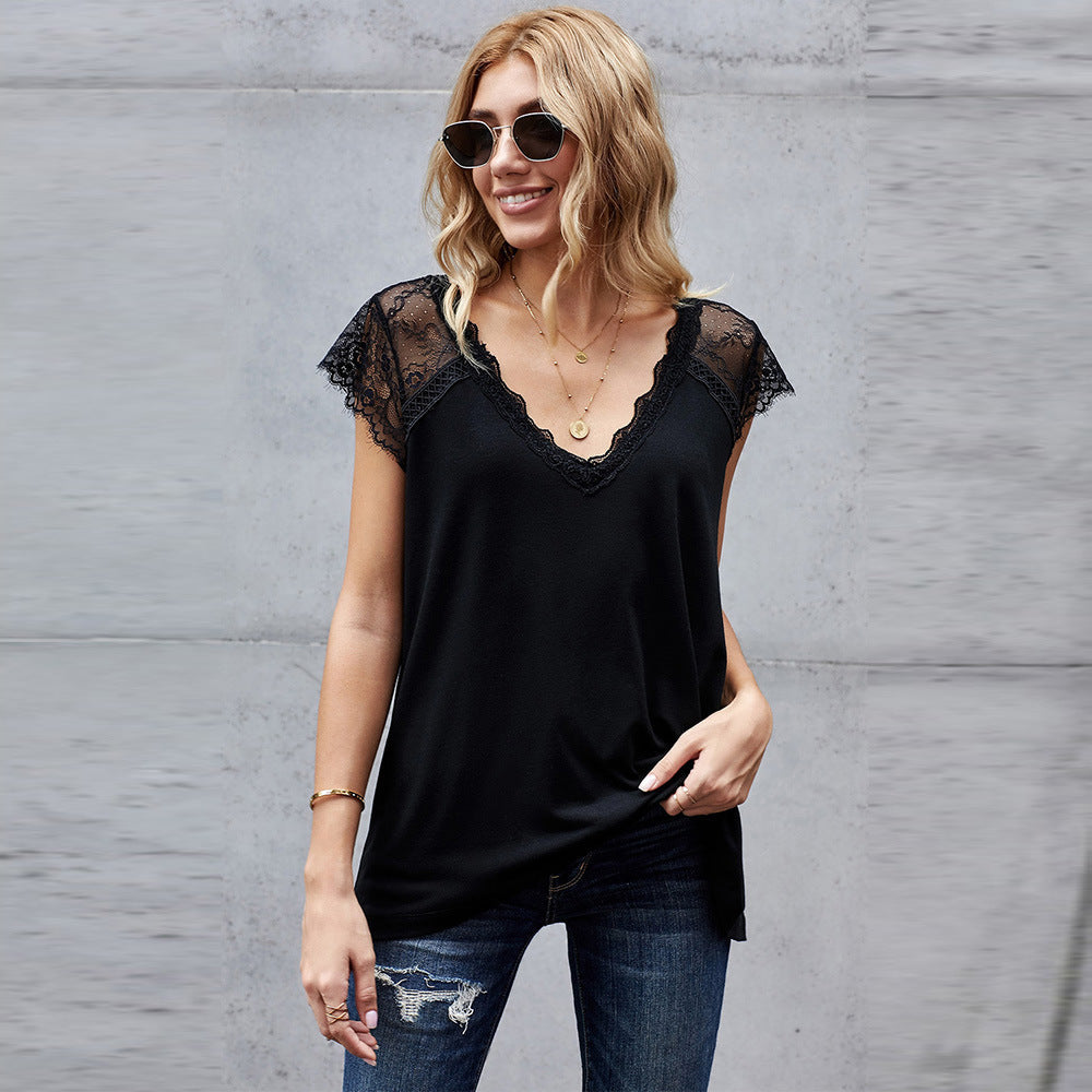 Women's Lace Knit Vest Top  European Style V-Neck T-Shirt