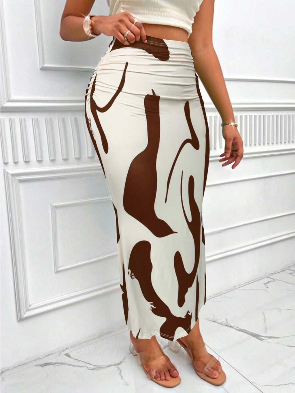 Women's High-Waisted Zebra Print Midi Skirt - Fitted Bodycon