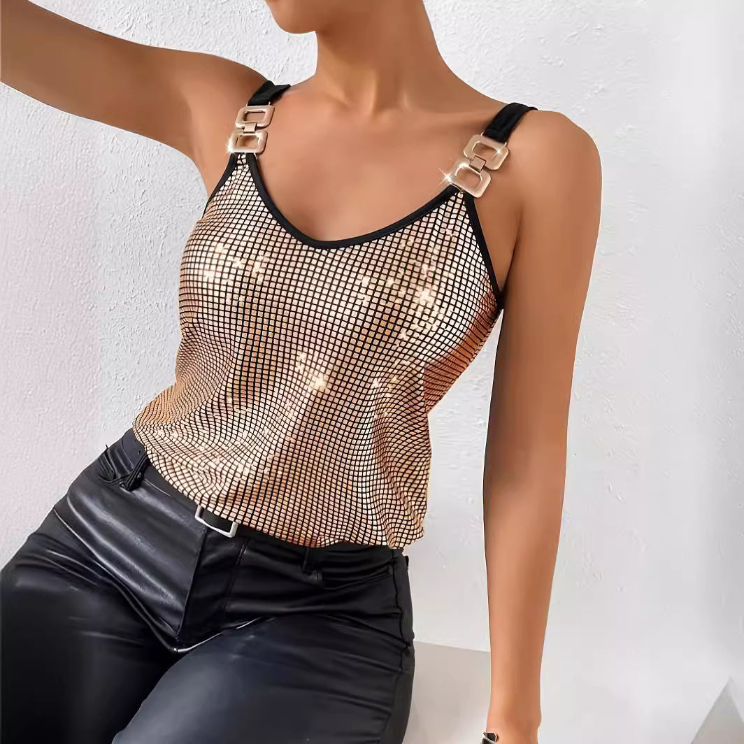 Women's Gold Sequined Chain Strap V-Neck Camisole Tank Top - Image 2