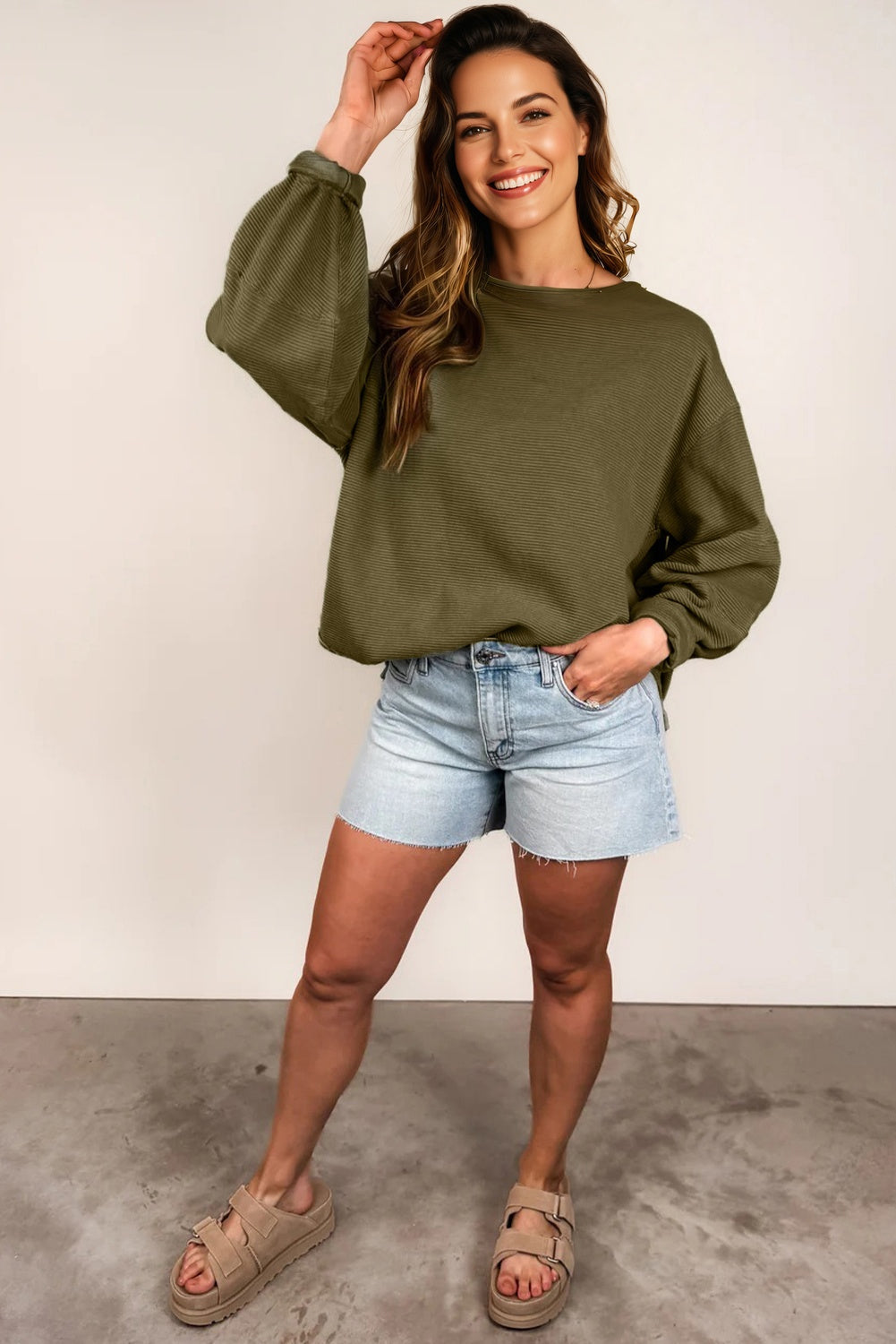 Women's Solid Ribbed Knit Patchwork Long Sleeve Top