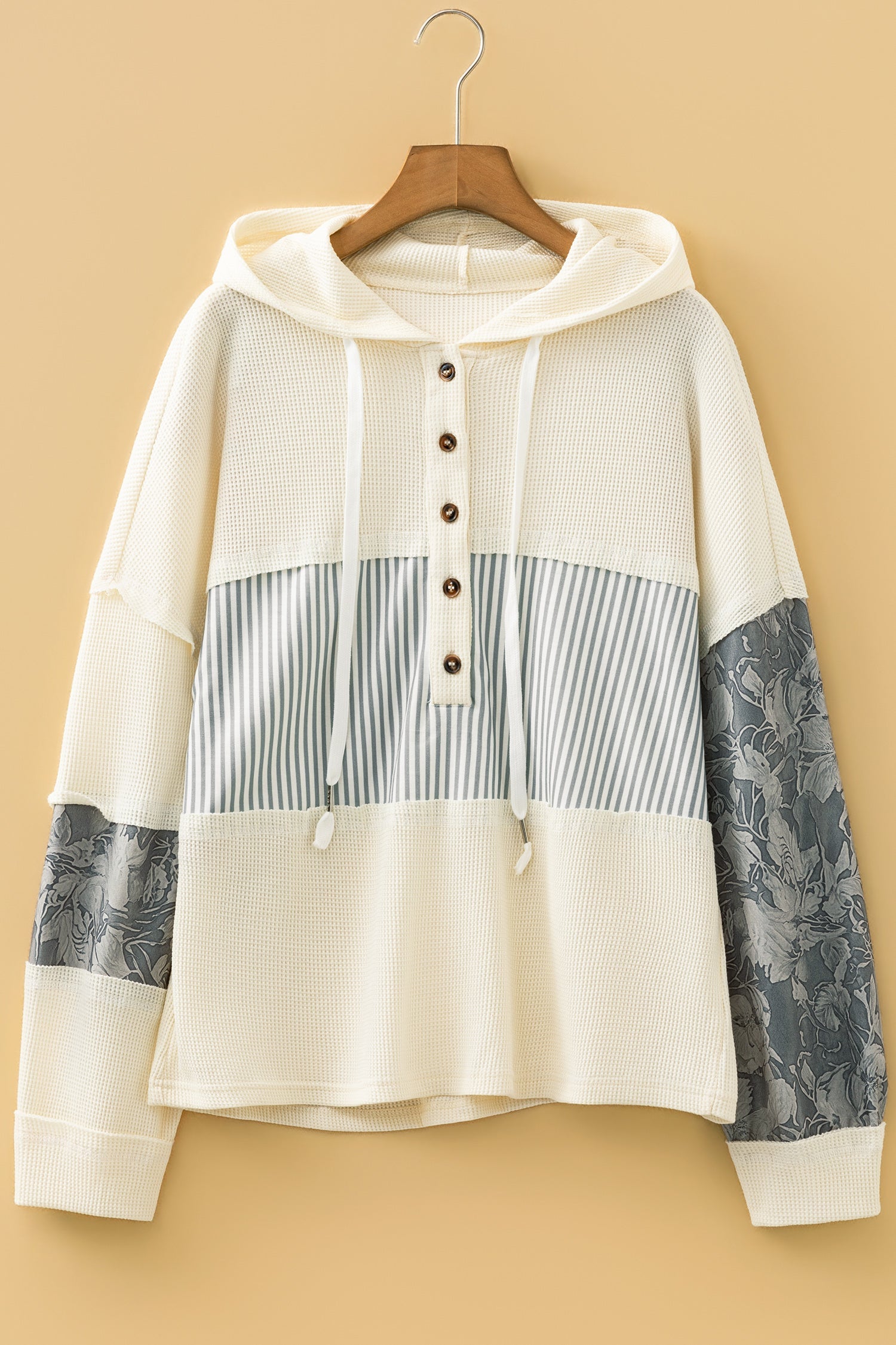 White Waffle Printed Patchwork Drawstring Hooded Long Sleeve Top