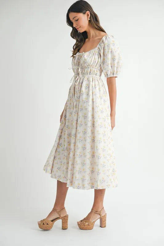 Floral Drawstring Puff Sleeve Midi Dress in White, Yellow, Blue