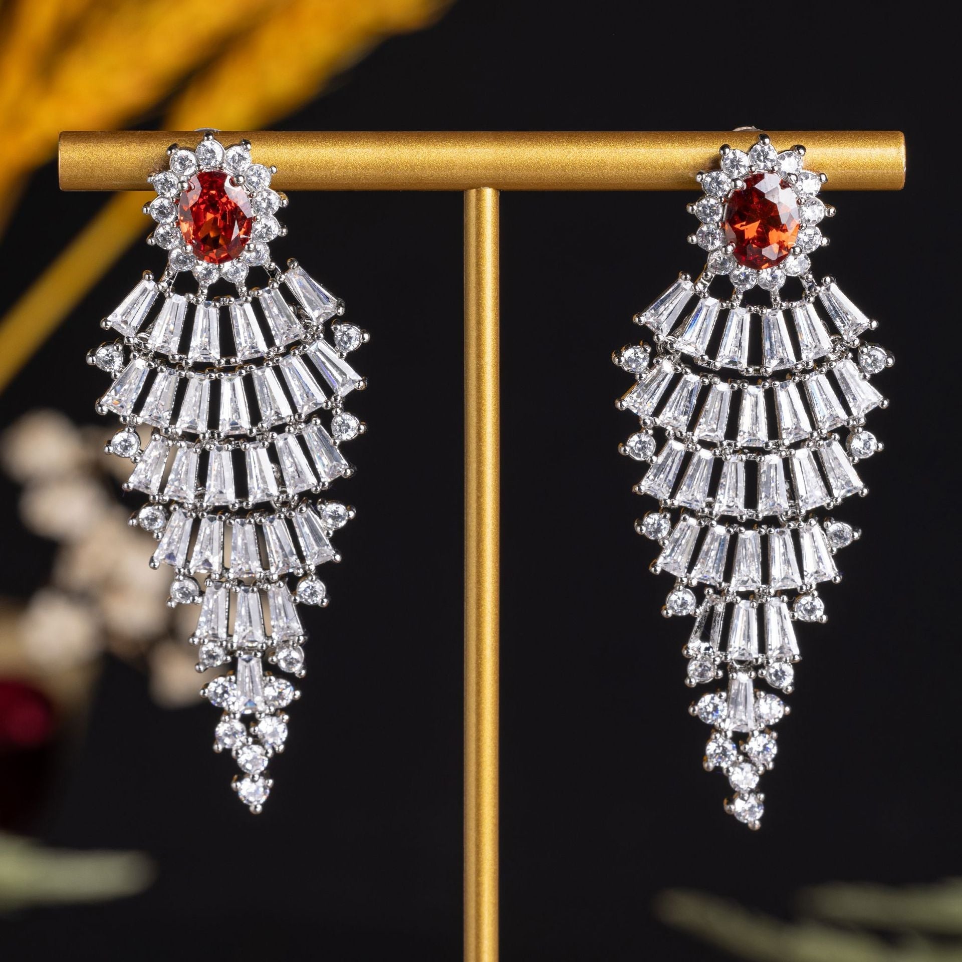 Floral Red Zircon Waterfall Dangle Earrings Statement Inlaid Zircon Earrings For Women Party Banquet