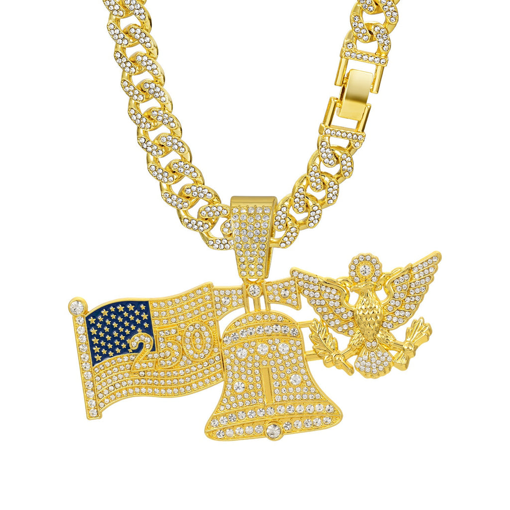 American 250Th Anniversary Liberty Bell White Eagle Pendant Necklace Alloy Diamond-Encrusted Cuban Chain Hip-Hop Accessory