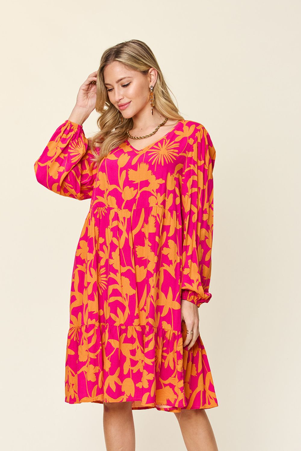 Printed Ruffle Hem Dress with Functional Pockets