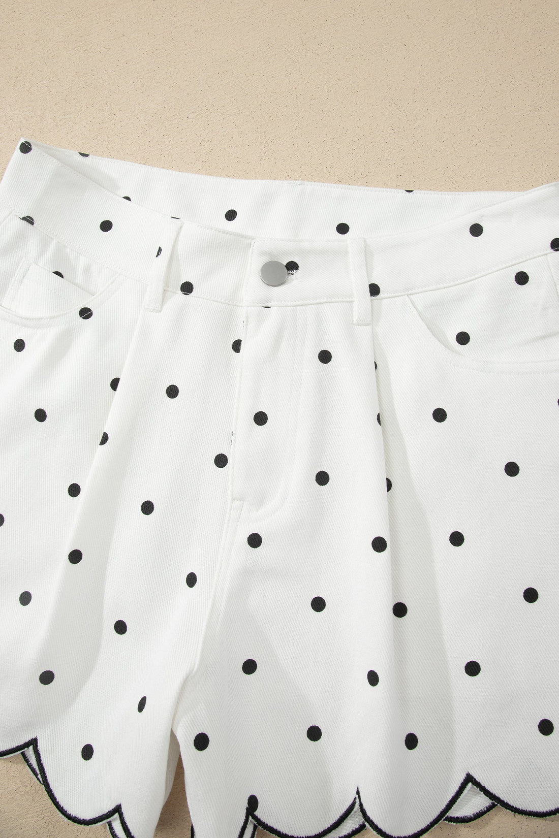 Polka Dot Denim Embroidered Scallop Hem High-Rise Shorts