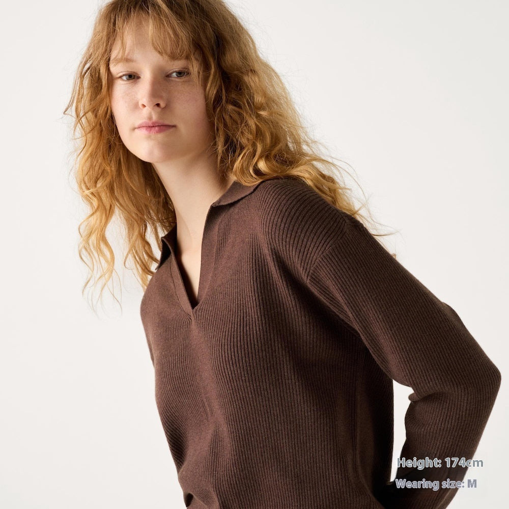 Women’s Ribbed Half-Open Collar Sweater in Taupe - Image 3