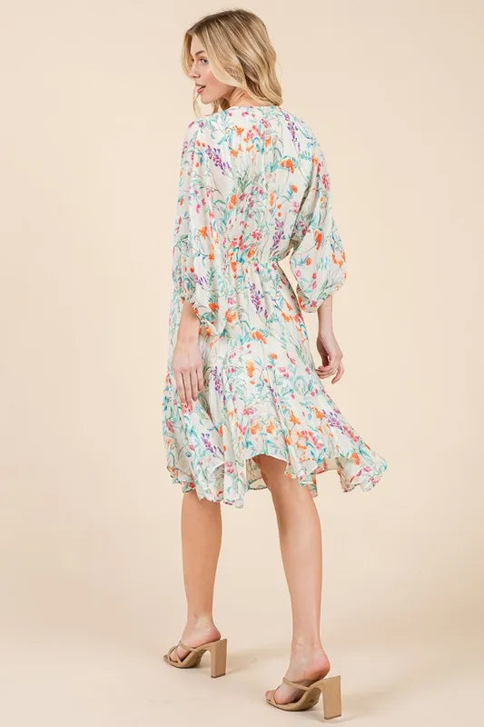 Lime 'N' Chili Floral Cinched Waist Balloon Sleeve V-Neck Dress