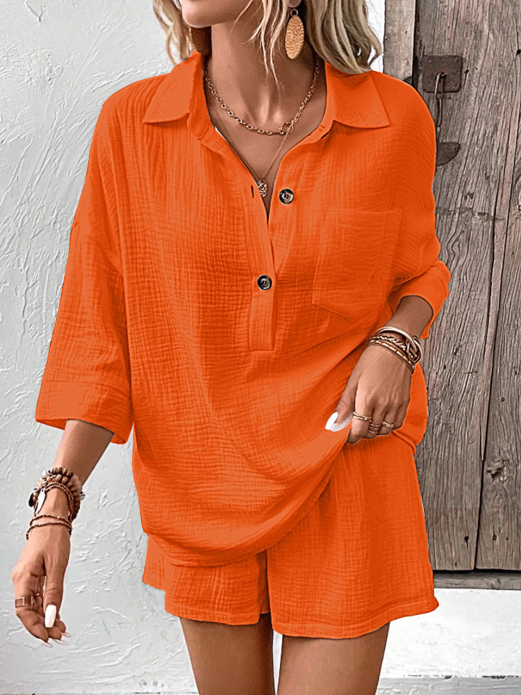 Women's Button-Down Lapel Shirt and Drawstring Shorts Set - Image 10