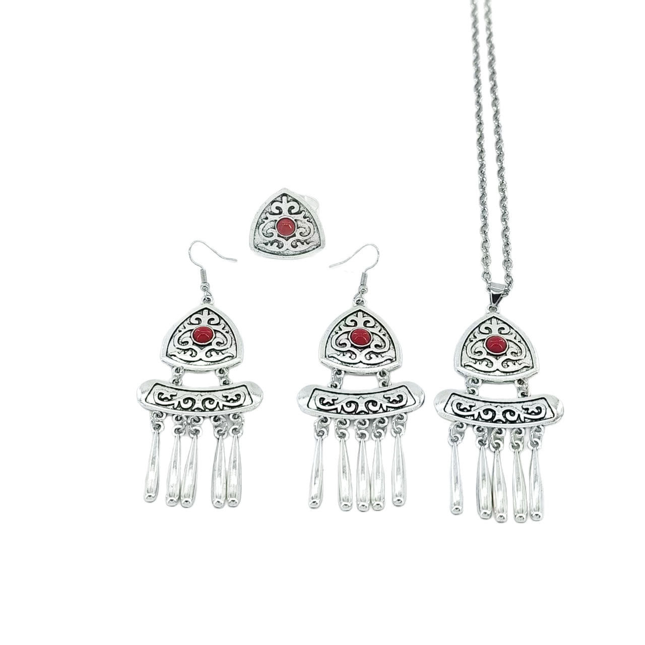 Vintage Bohemian Ethnic Long Tassel Jewelry Set - Retro Exotic Necklace Earrings Ring Set For Women