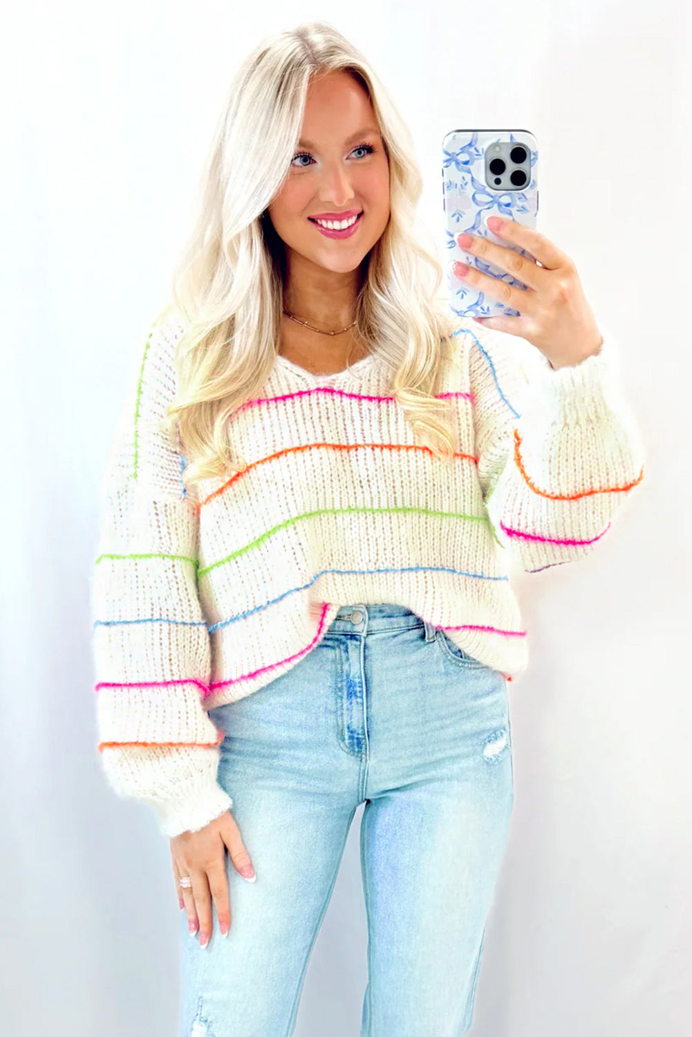 White Striped V Neck Drop Sleeve Acrylic Sweater
