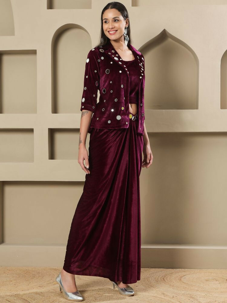 Women's Wine Velvet Hand Embellished Stitched Evening Dress