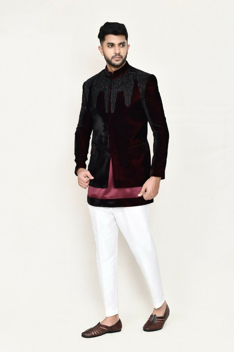 Men's Maroon Satin Silk Prince Coat, Kurta and Pant Set