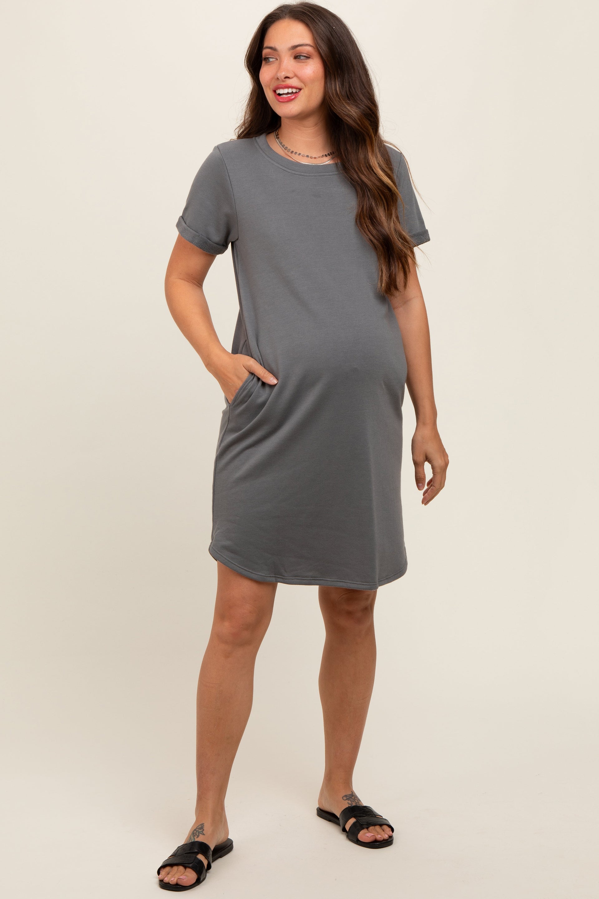 Charcoal French Terry Cuffed Short Sleeve Maternity Dress