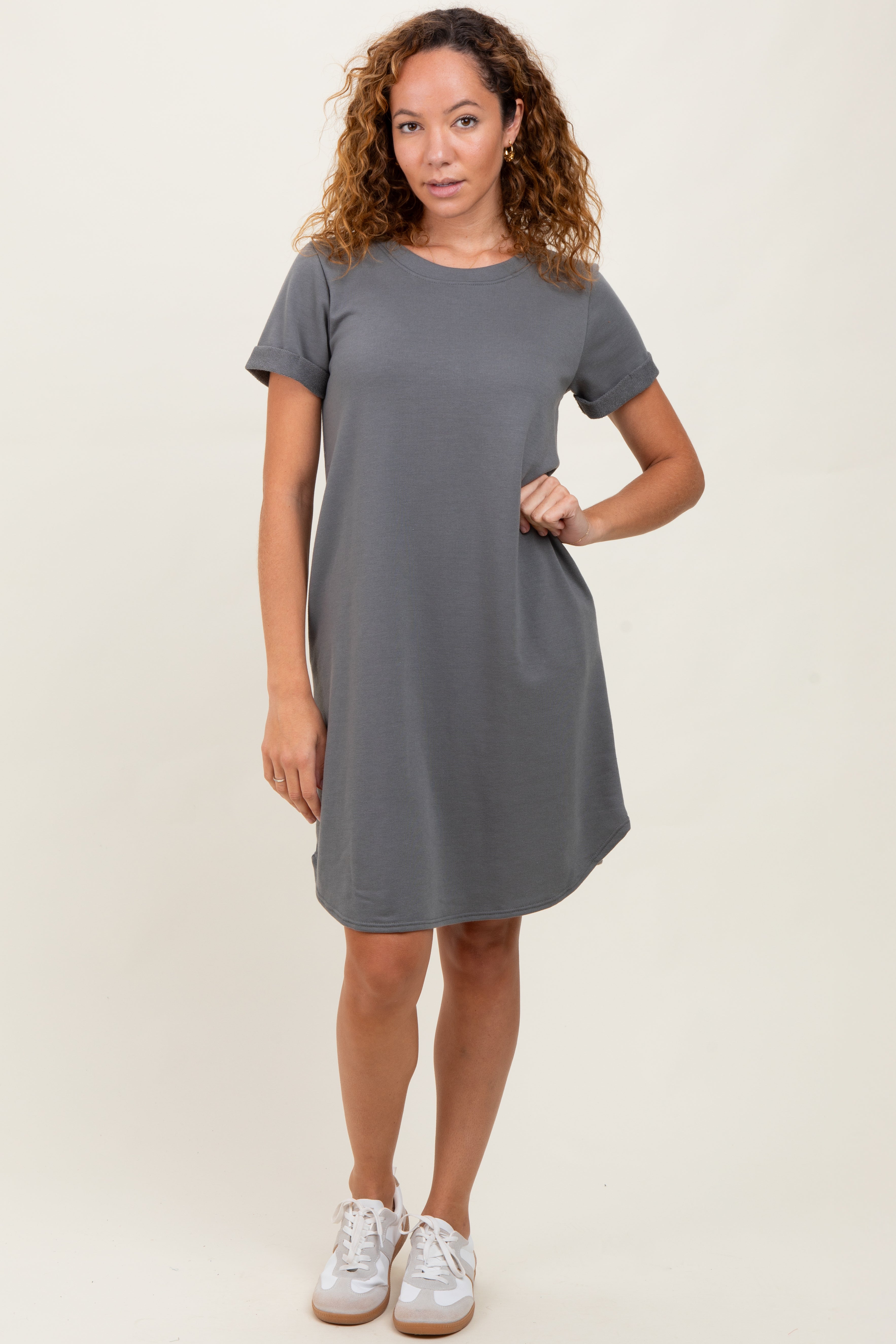 Charcoal French Terry Cuffed Short Sleeve Maternity Dress