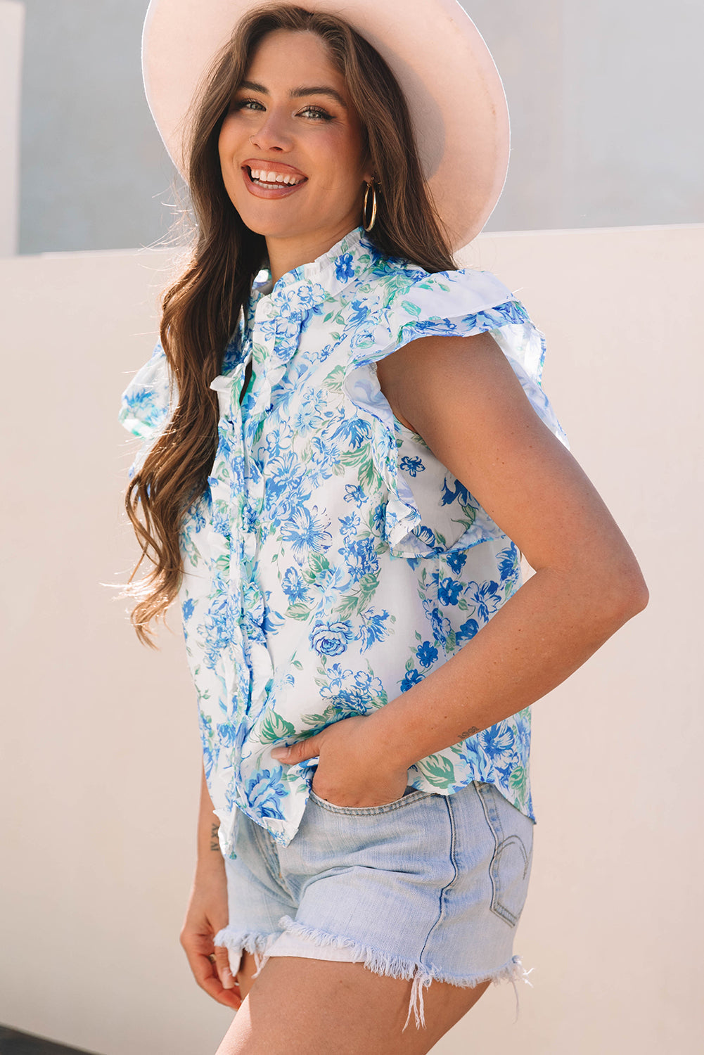 Floral Ruffle Sleeve Button-Up Shirt | Romantic Collared Blouse