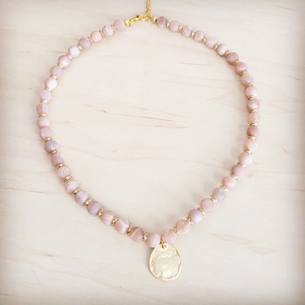 Frosted Sunstone Beaded Collar Necklace with Matte Gold Pendant - Image 3