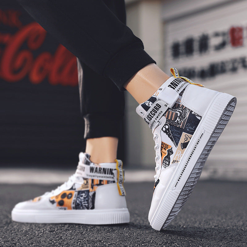 White Multi-Color Harajuku High-Top Graphic Print Sneakers