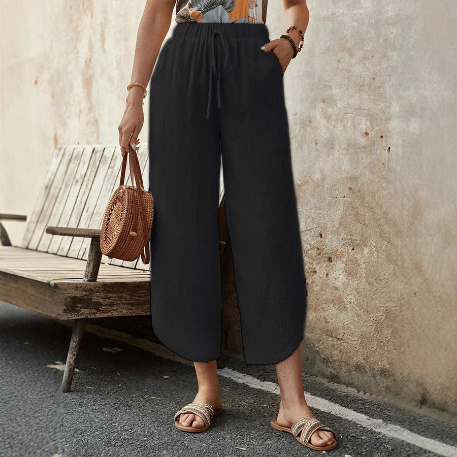 Women's Cotton Linen Cropped Drawstring Wide Leg Pants - Image 2