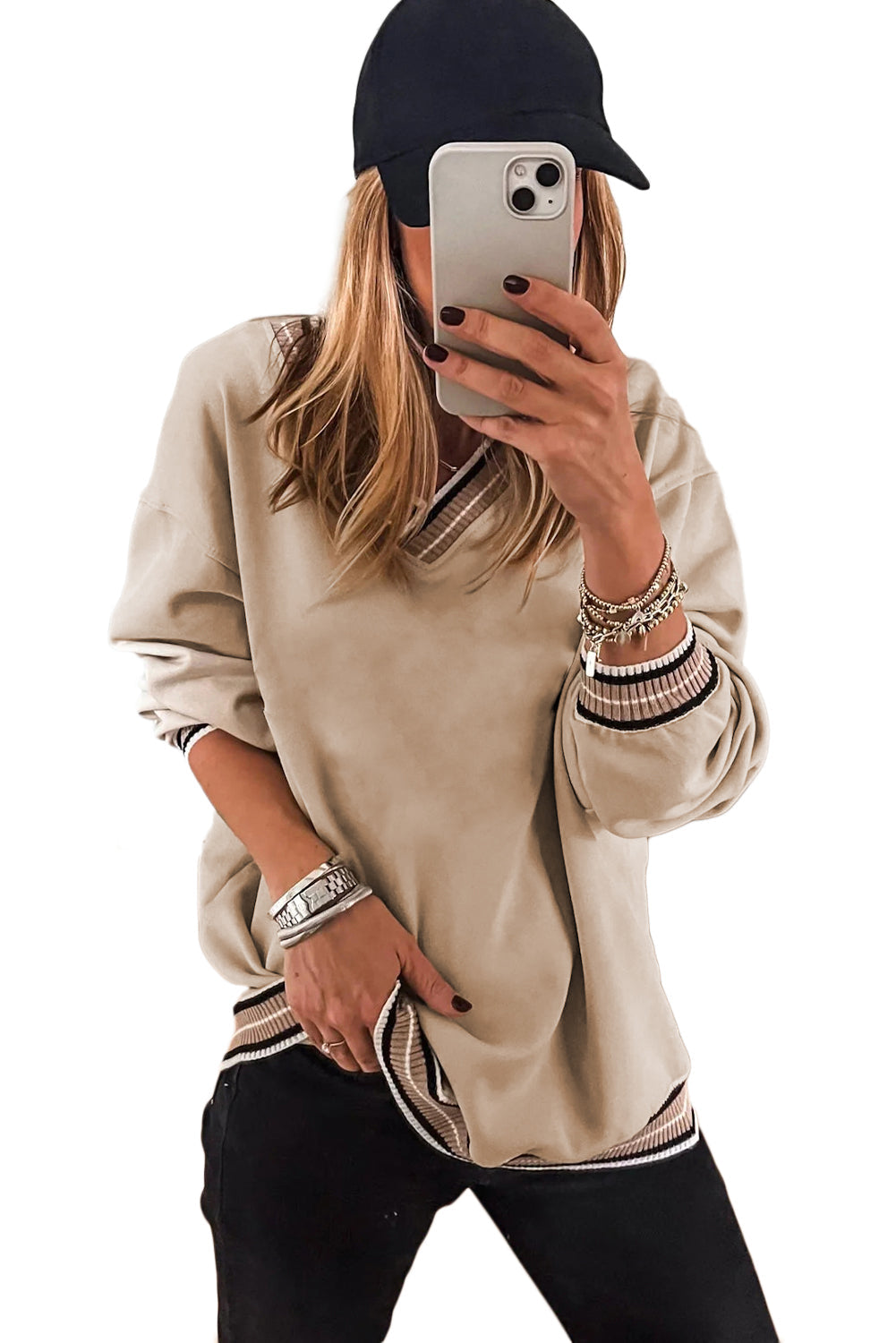 Gray Varsity V Neck Sweatshirt | Contrast Trim