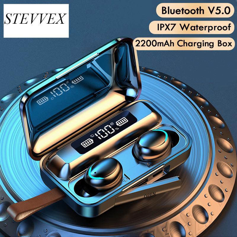 Minimalist black wireless Bluetooth 5.0 earbuds with charging case
