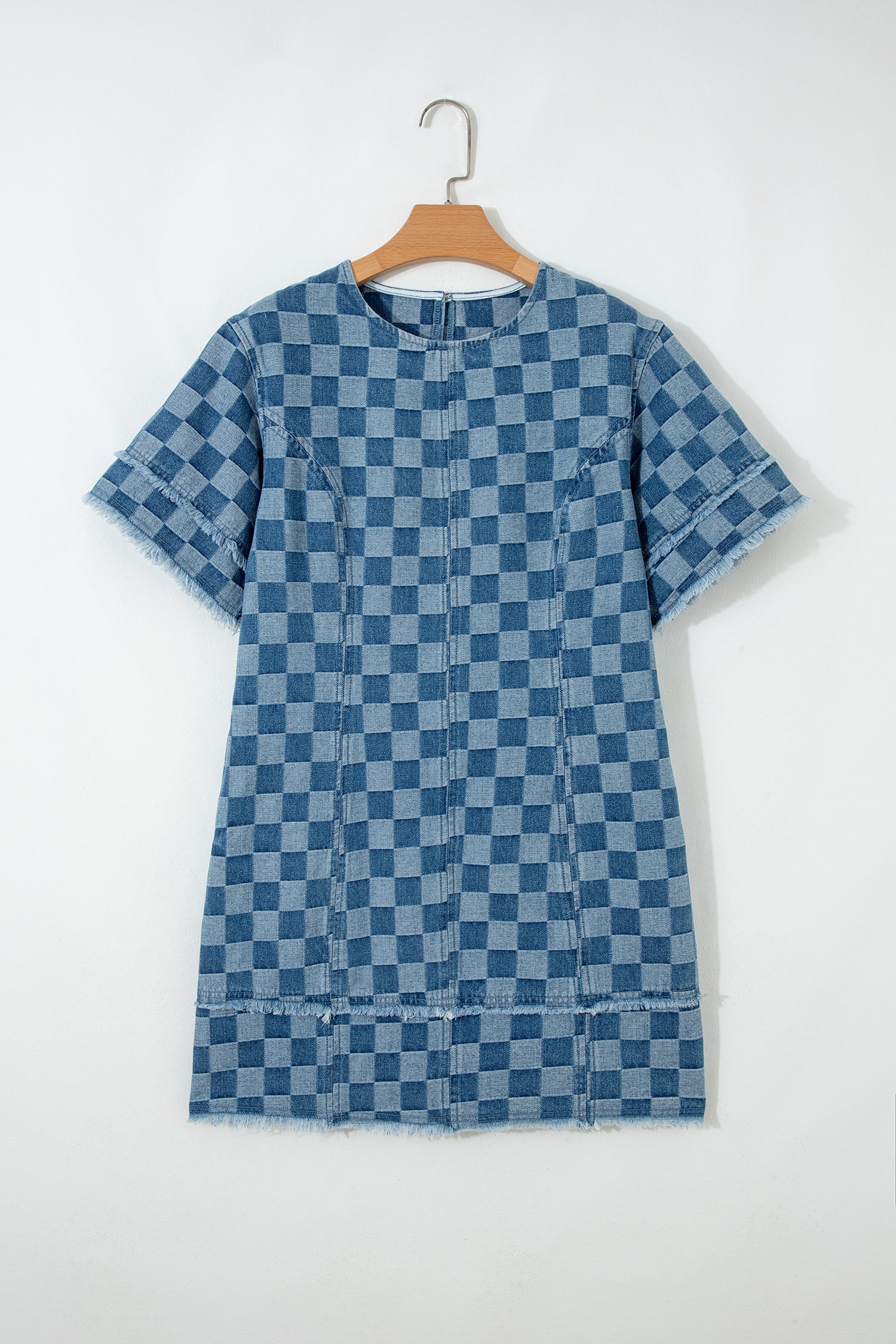Sky Blue Frayed Hem Checkered Denim Mini Dress