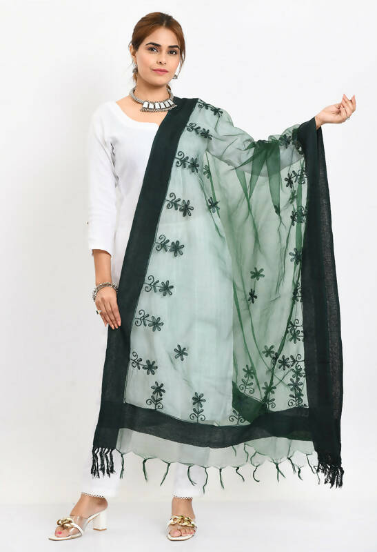 Bottle green organza dupatta with detailed all-over floral Chikan embroidery