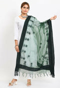 Bottle green organza dupatta with detailed all-over floral Chikan embroidery