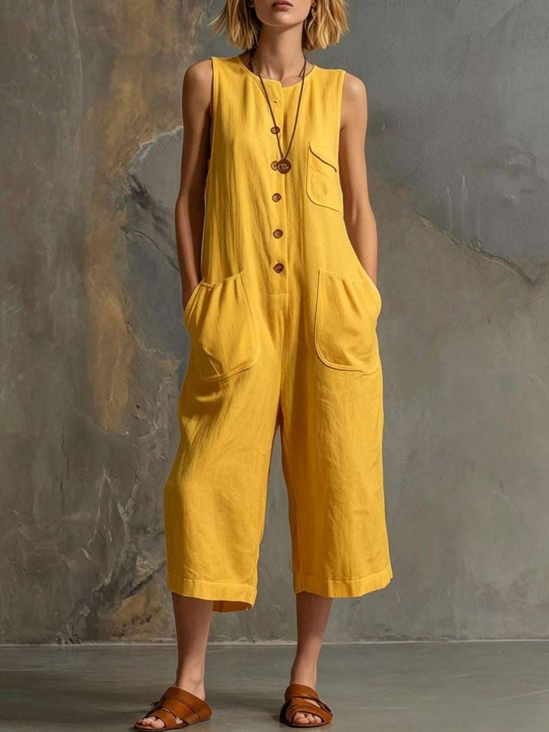 Women's Retro Sleeveless Button-Down Wide-Leg Cropped Jumpsuit - Image 7