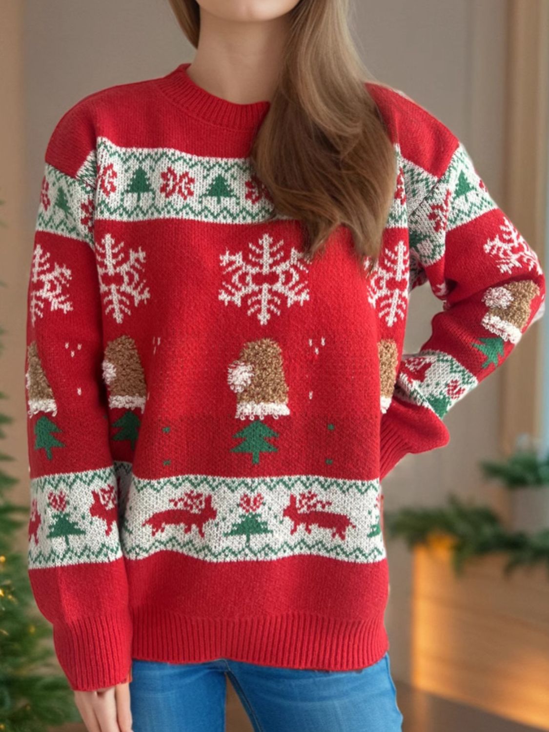 Women's Red Christmas Sweater with Festive Pattern Round Neck - Image 6