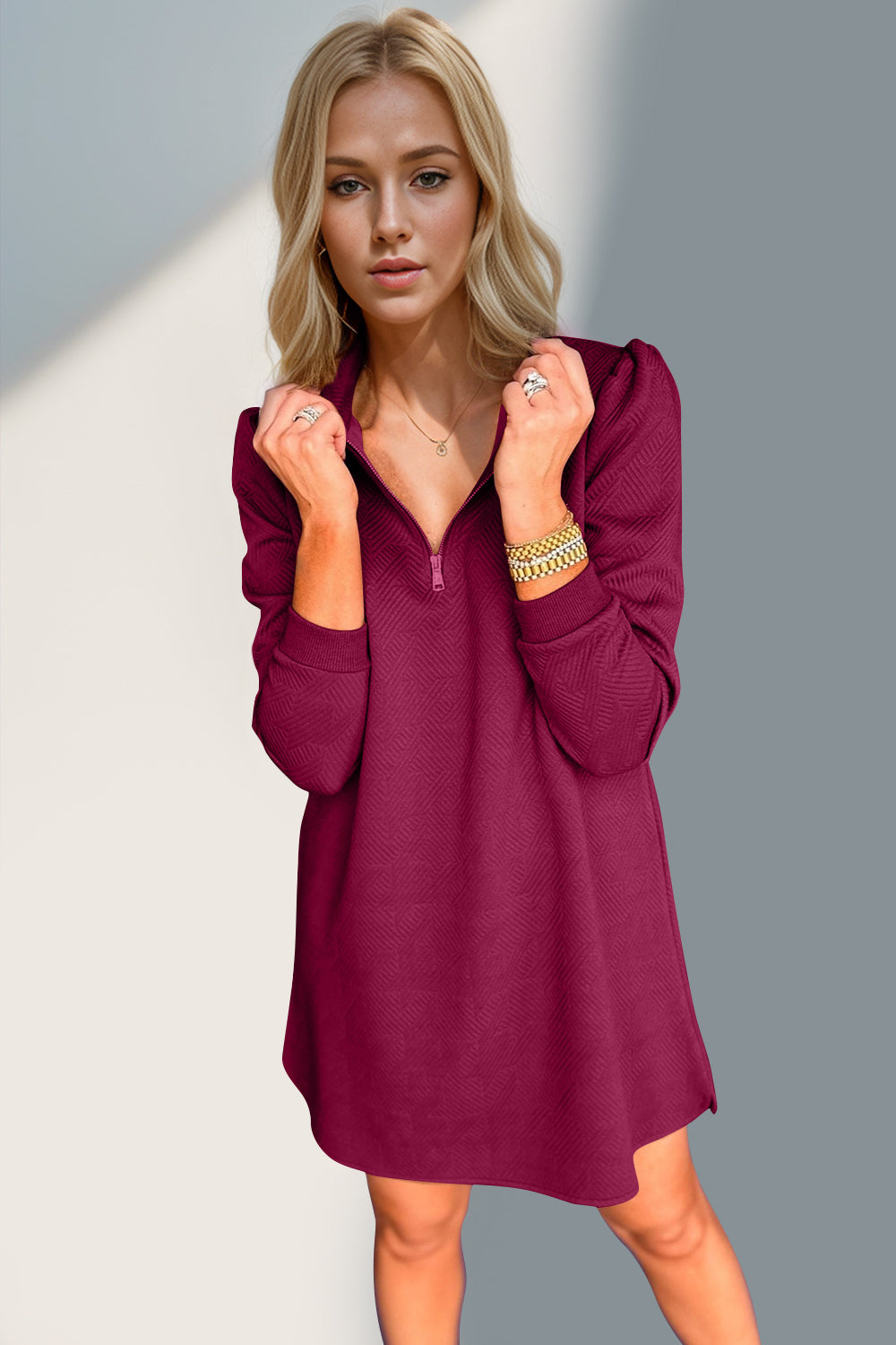 Textured Zip-Front Long Sleeve Dress - Elegant Women's Apparel