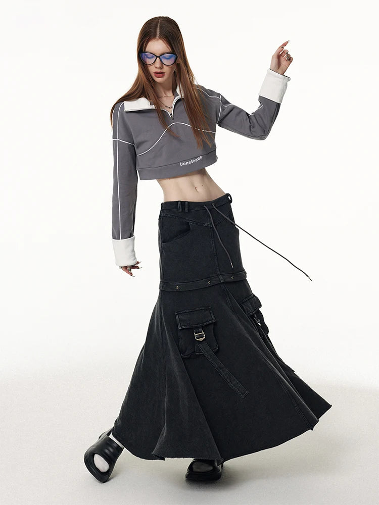 Y2K Black Distressed Denim Midi Skirt with Cargo Pockets - Image 4