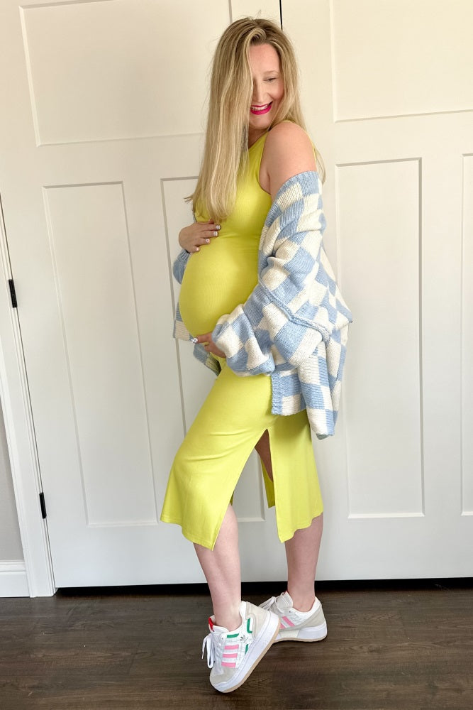 Yellow Ribbed Maternity Midi Tank Dress with Side Slits