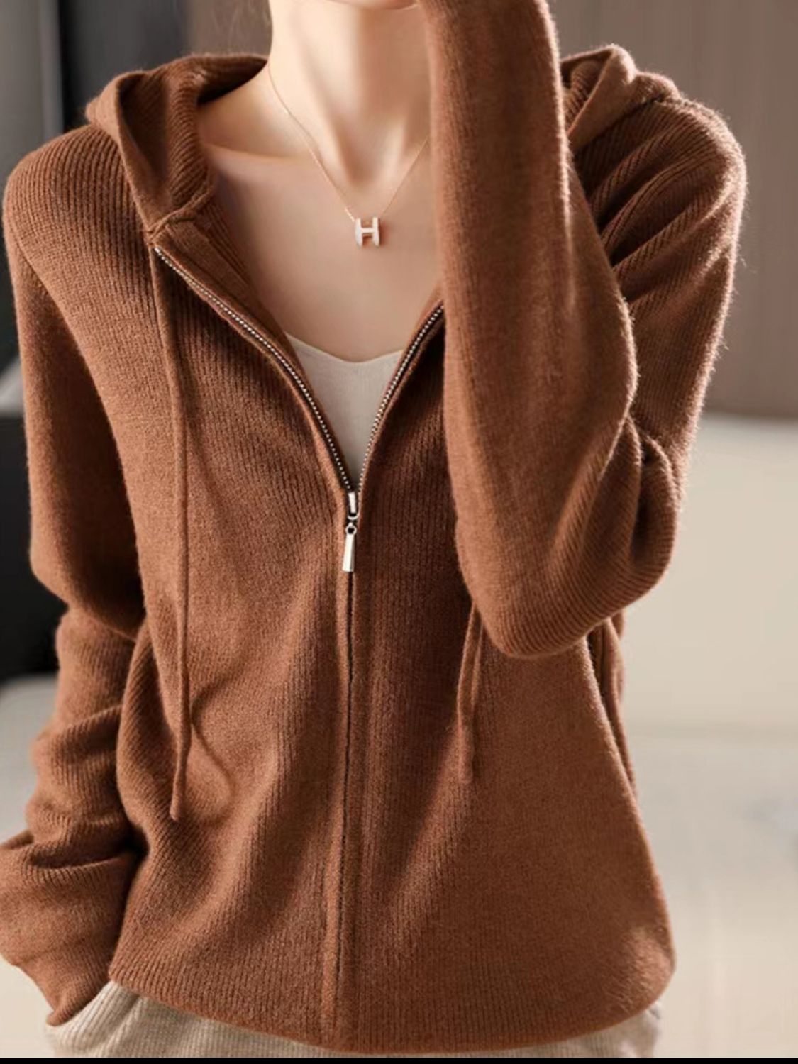 Women's Brown Long Sleeve Zip Up Knit Hoodie with Drawstring - Image 3