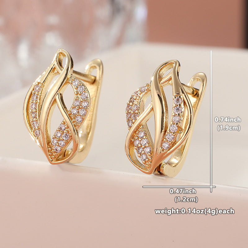 Elegant Crystal Twist Hoop Earrings Gold Tone Brass Women Wedding Party Fashion Jewelry Sparkling Daily