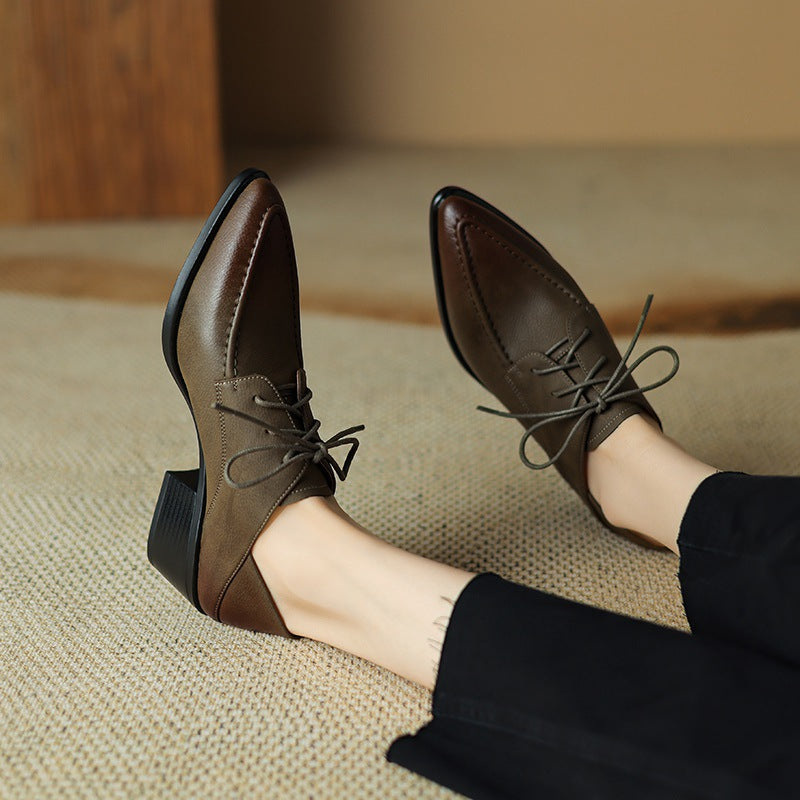Women's Black Pointed-Toe Chunky Block Heel Lace-Up Dress Shoes - Image 3