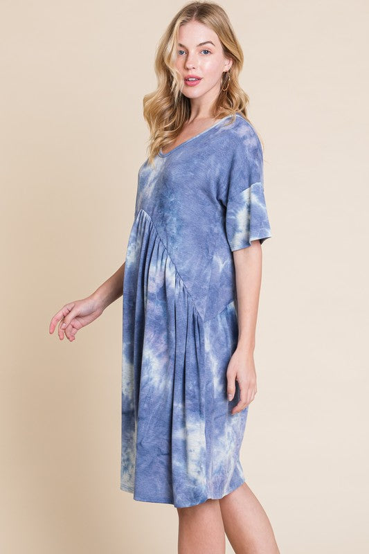 Women's Tie-Dye V-Neck Half Sleeve Dress - Casual Bohemian Style
