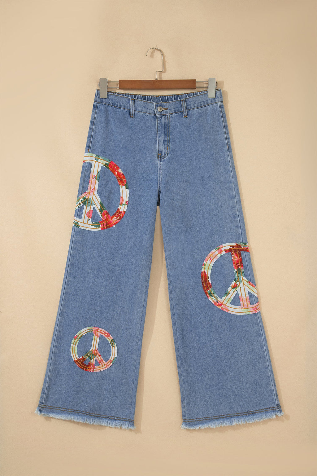 Floral Peace Sign Embroidered Wide Leg Jeans in Medium Blue