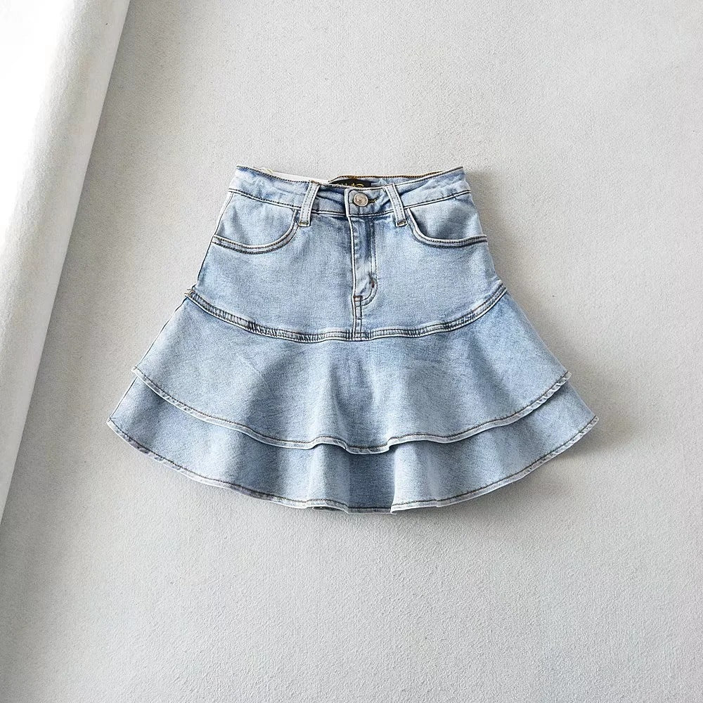 High Waisted Tiered Denim Mini Skirt with Ruffle Hem - Image 3