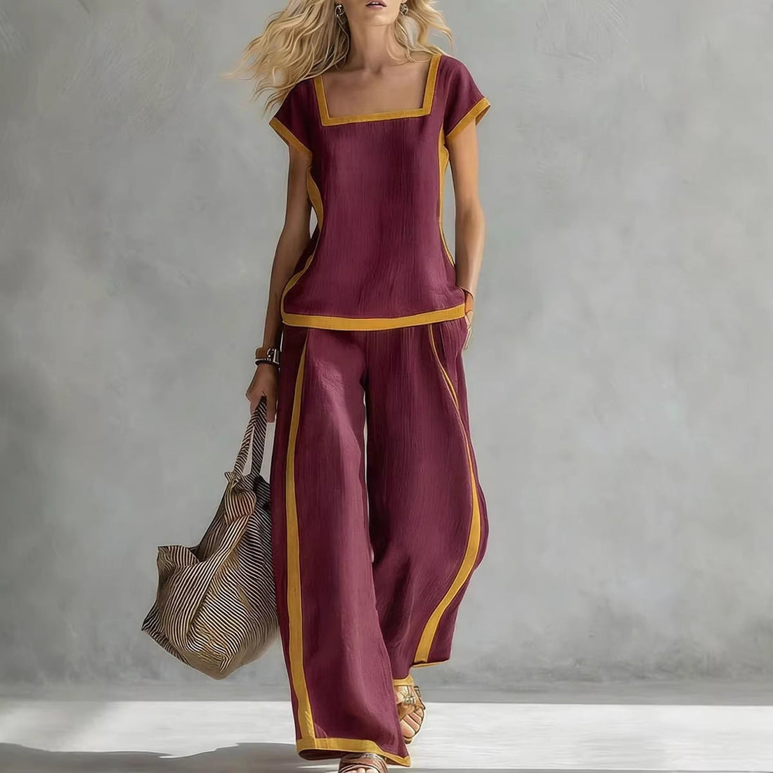 Women’s Square Neck Short Sleeve Two Piece Pants Set with Trim - Image 4