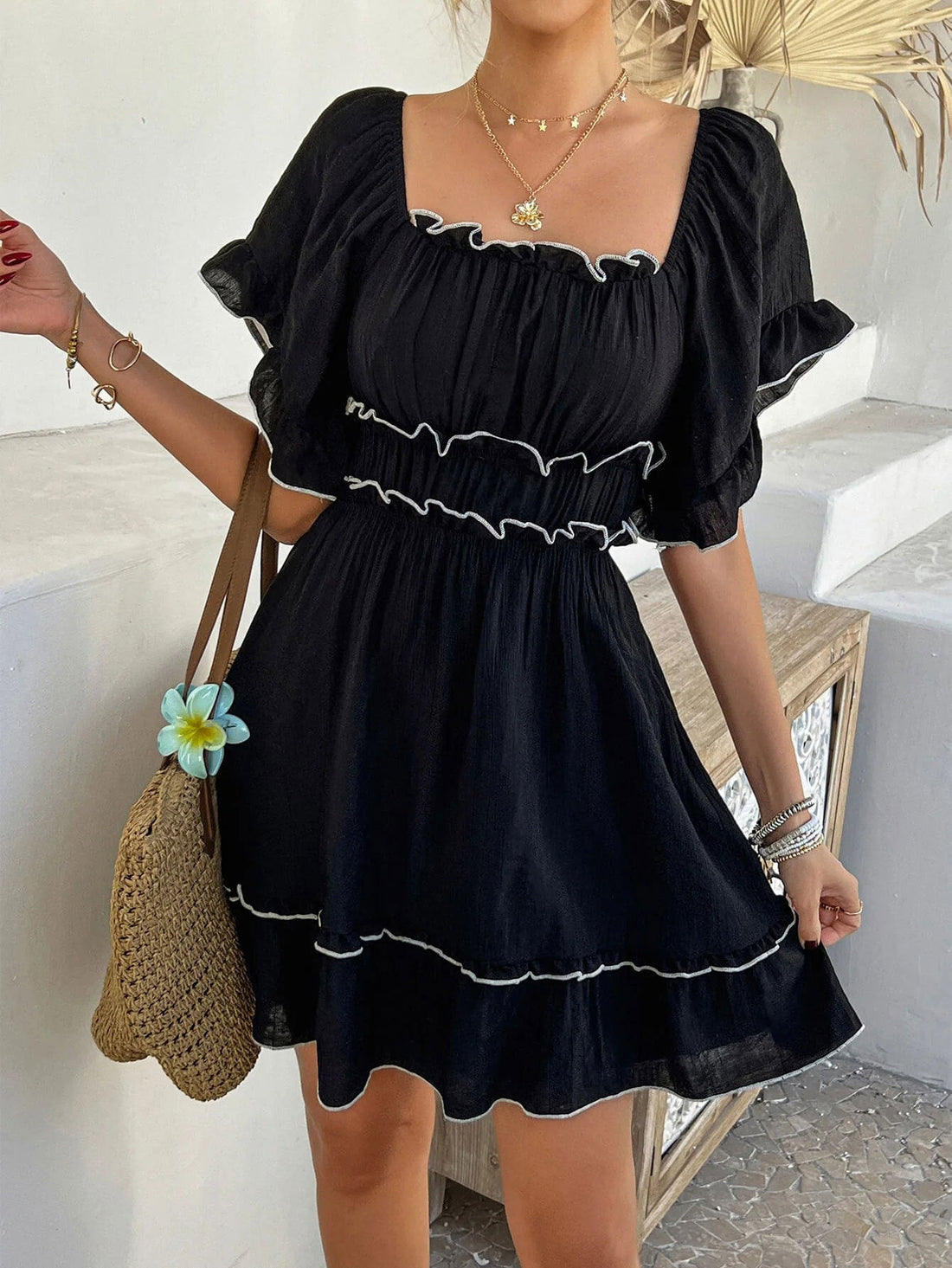 Women’s French Style Square Neck Dress with Ruffled Short Sleeves - Image 6